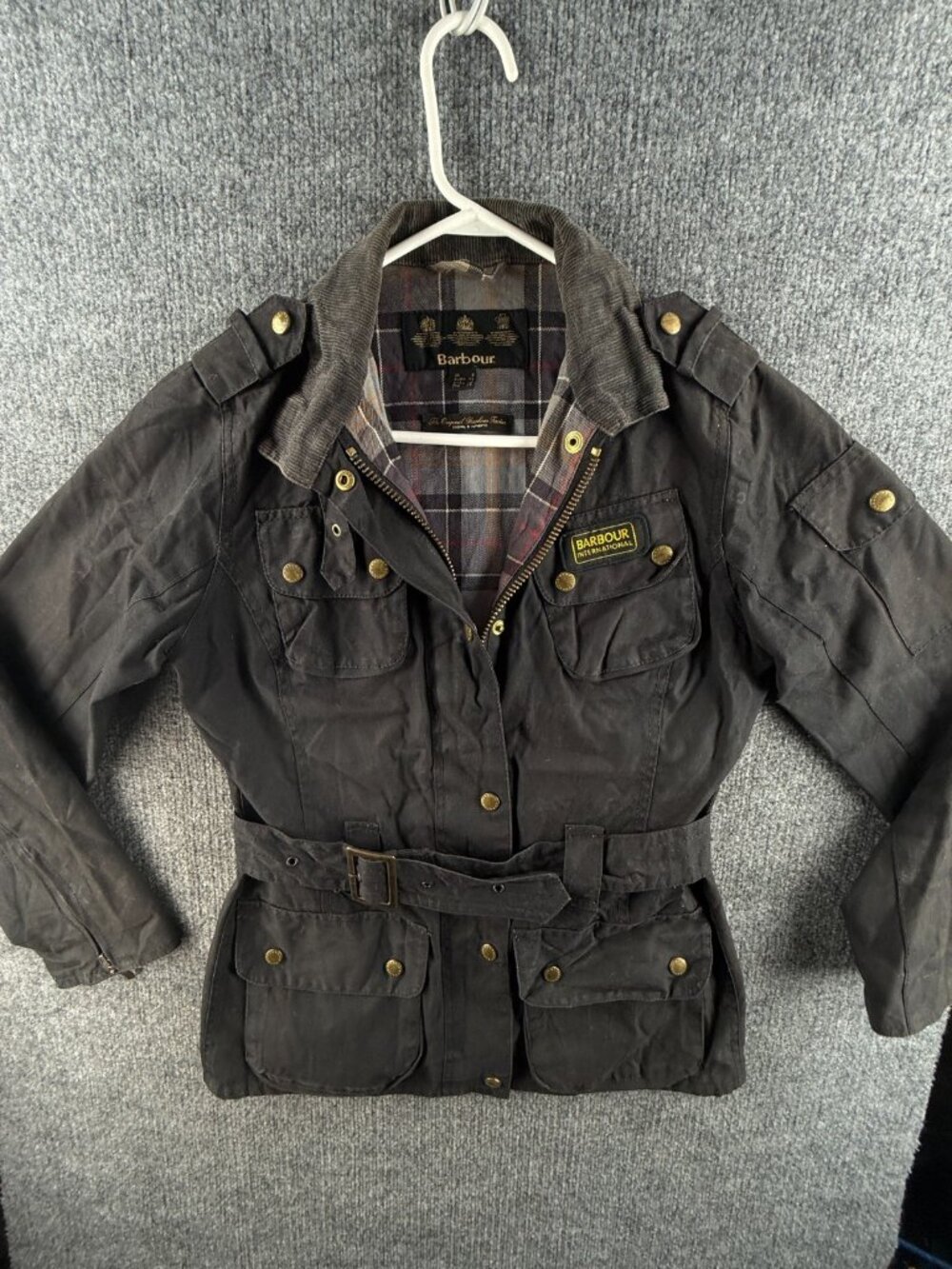 Barbour International Waxed Jacket Women Full Zip Black Size 4 US Lined Belted